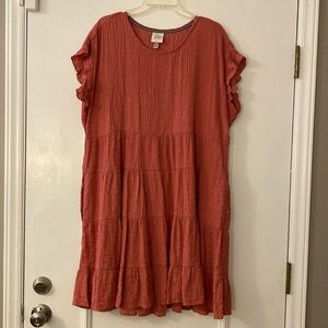Fun coral/rust dress, ruffled cap sleeve, great condition, rayon/poly XXL.